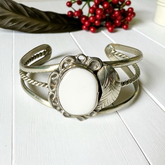 Native American Jewelry - Vintage Sterling Navajo Pure White Buffalo Dolomite Squash Blossom Cuff Bracelet